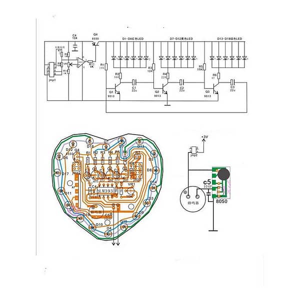 Kit montar placa com leds forma coração ci lm393 musical ldr