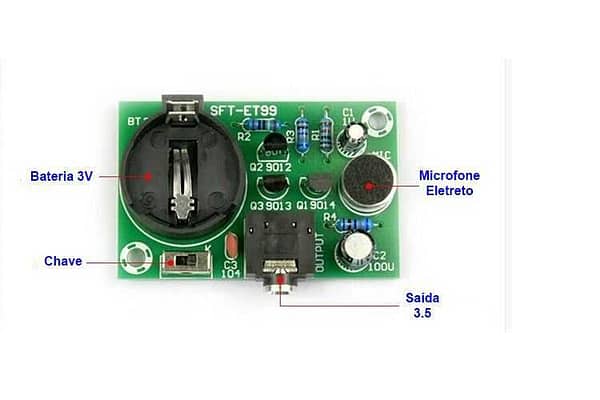 Mini amplificador com transistor microfone saída fone ouvido